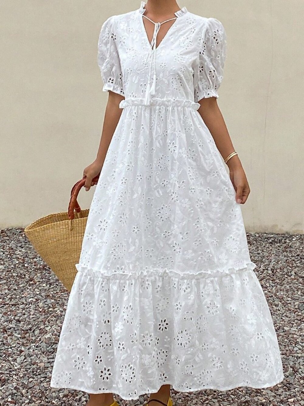 Ivory White Boho Women's Hollow Out Frill Trim Tie Waist Long Puff Sleeve Dress